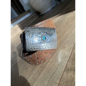 JUSTIN BOOTS 38 Brown Leather Turquoise Beaded Silver Buckle western cowboy belt